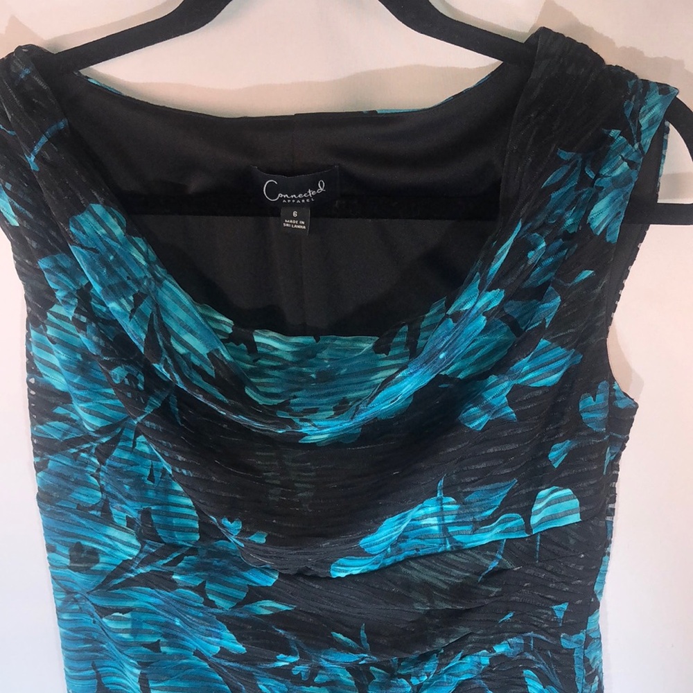 Gorgeous Sheer-Overlay Dress Aqua & Black Swag Neck Sz 6 - Picture 2 of 8